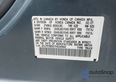 2007 Honda Ridgeline Rtl from USA, damaged, VIN 2HJYK16507H534543